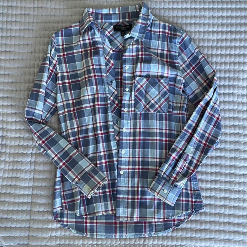 Banana republic button down, blue and pink plaid.